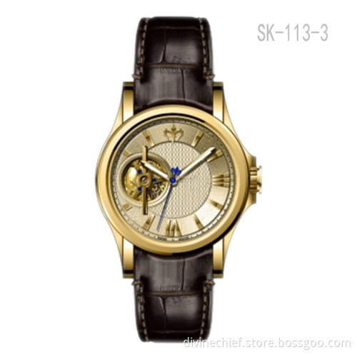 High Quality Genuine Leather Watch Band Automatic Skeleton Movement Men Wrist Watches